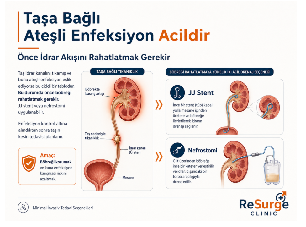 Taşa bağlı ateşli enfeksiyonda acil drenaj seçeneklerini gösteren infografik