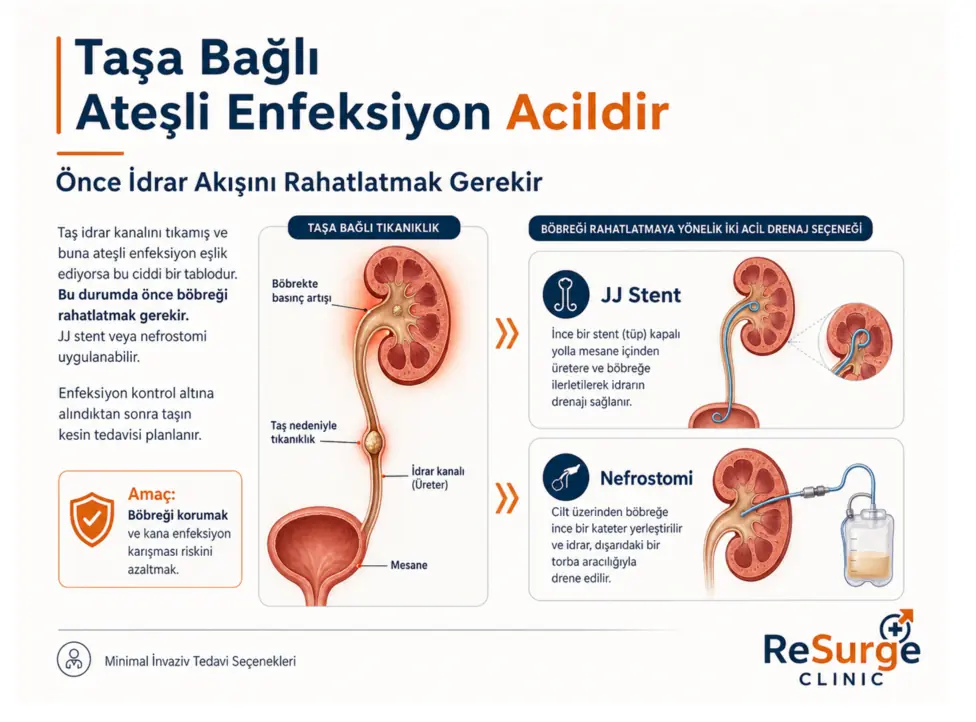 Taşa bağlı ateşli enfeksiyonda acil drenaj seçeneklerini gösteren infografik